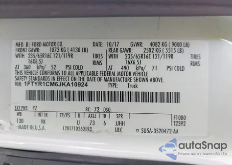 2018 Ford Transit-250 from USA, damaged, VIN 1FTYR1CM6JKA10924